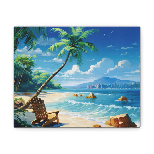 Serenity Shores: Palm Tree & Rocking Chair Canvas Art - Relaxation by the Waves