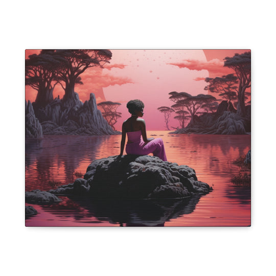 Moonlit Serenity: Captivating Woman Silhouette Canvas – Sunset Reflection Art with Pink Hues