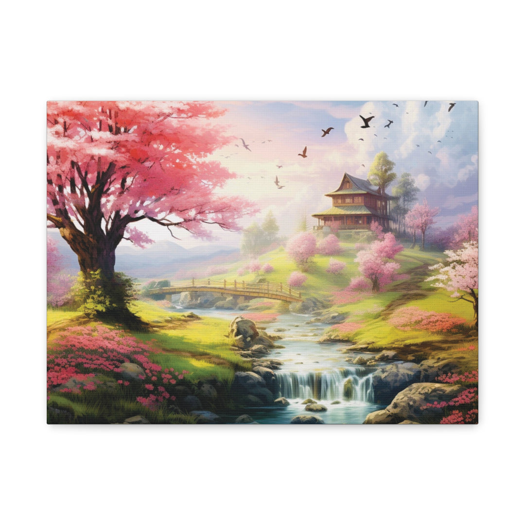 Serenity River Canvas Art – Pink Blossom Tree and Hilltop Retreat