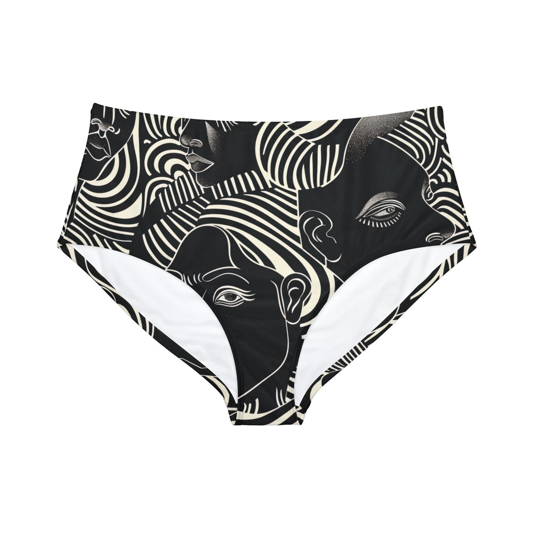 Timeless Elegance: High-Waist Black Bikini Bottom with Artistic White Face Swirls | Comfort Meets Style