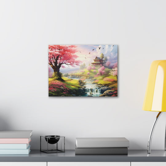 Serenity River Canvas Art – Pink Blossom Tree and Hilltop Retreat