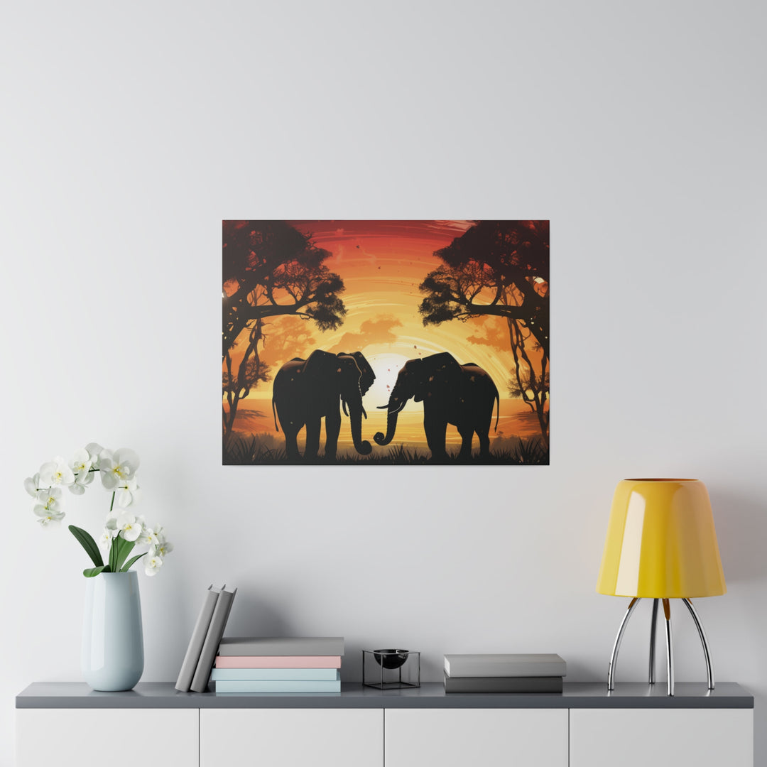 Kissing Elephants at Sunset Canvas Art – Majestic Love in the Wild