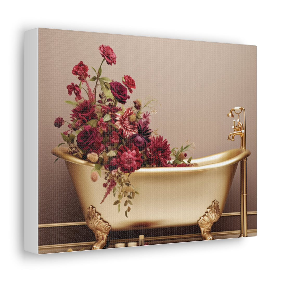 Luxury in Bloom: Golden Tub & Wildflowers Canvas Art – Elegance Meets Nature for a Serene Space