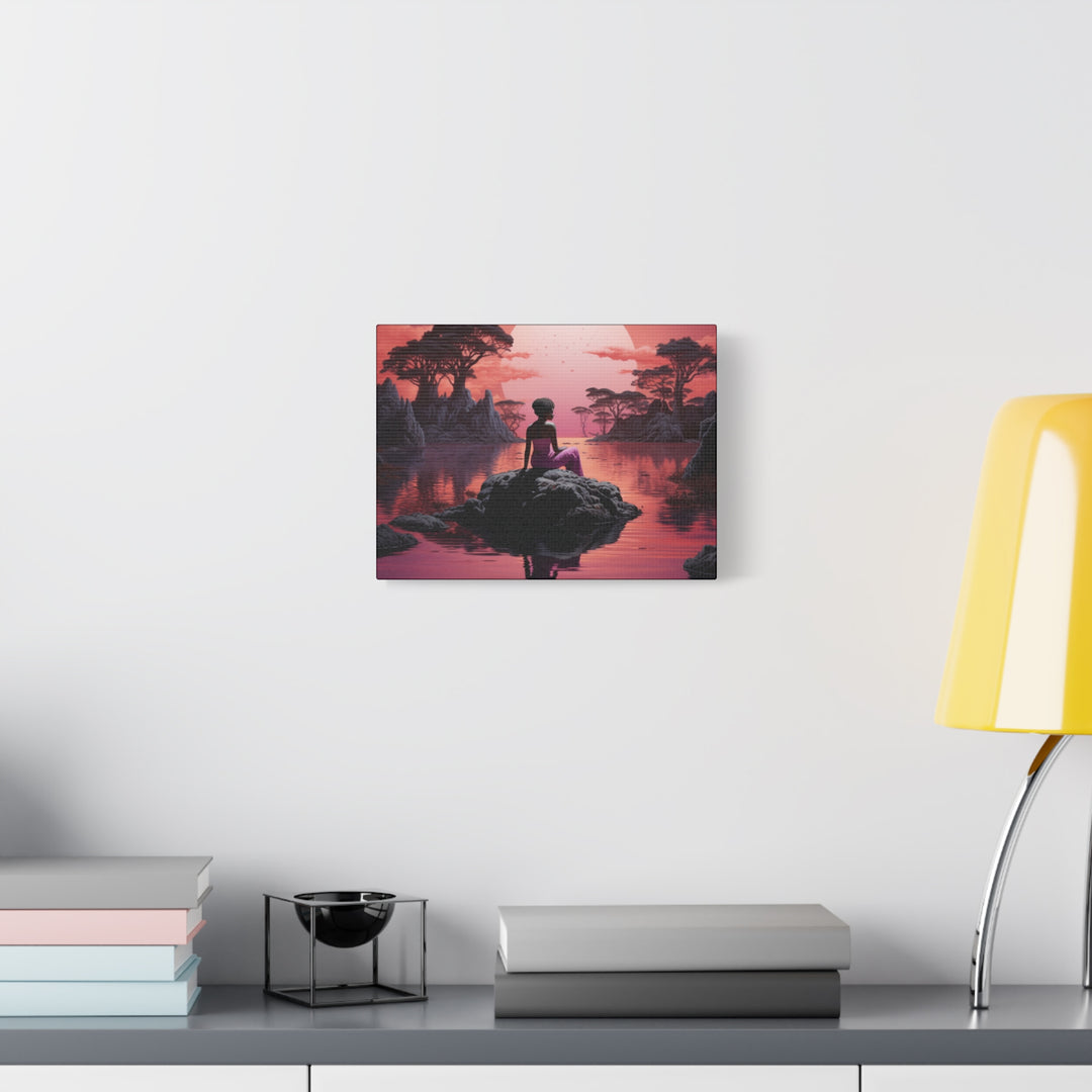 Moonlit Serenity: Captivating Woman Silhouette Canvas – Sunset Reflection Art with Pink Hues