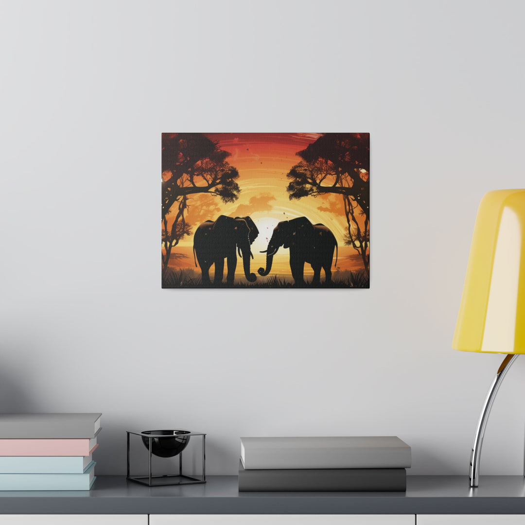 Kissing Elephants at Sunset Canvas Art – Majestic Love in the Wild