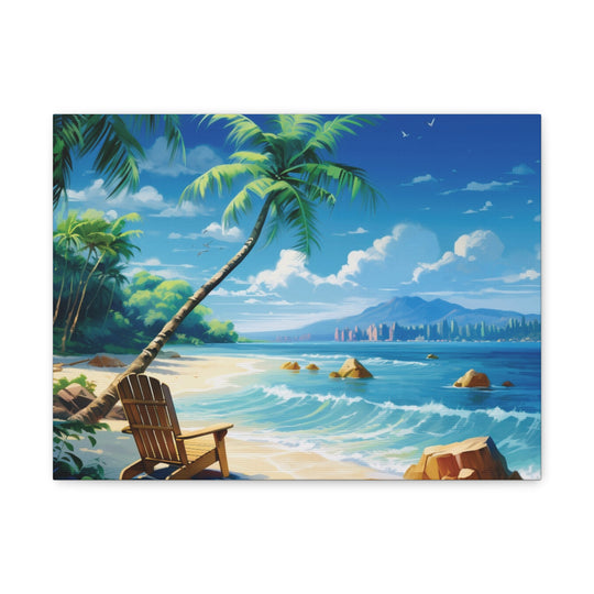 Serenity Shores: Palm Tree & Rocking Chair Canvas Art - Relaxation by the Waves