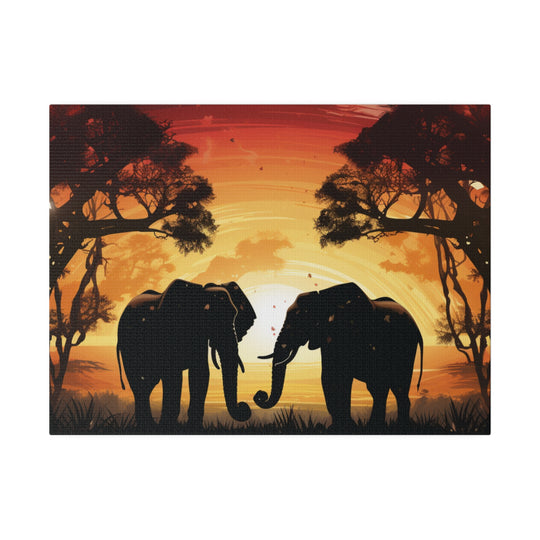 Kissing Elephants at Sunset Canvas Art – Majestic Love in the Wild