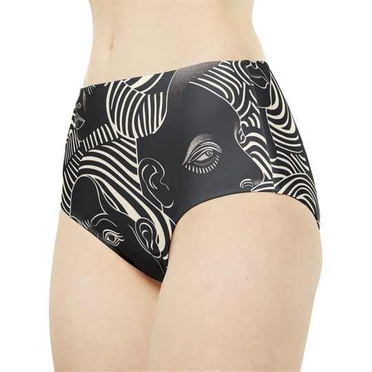 Timeless Elegance: High-Waist Black Bikini Bottom with Artistic White Face Swirls | Comfort Meets Style