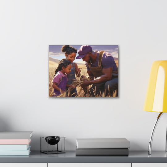 Joyful Moments: African American Father & Daughters in Wheat Field - Art Canvas