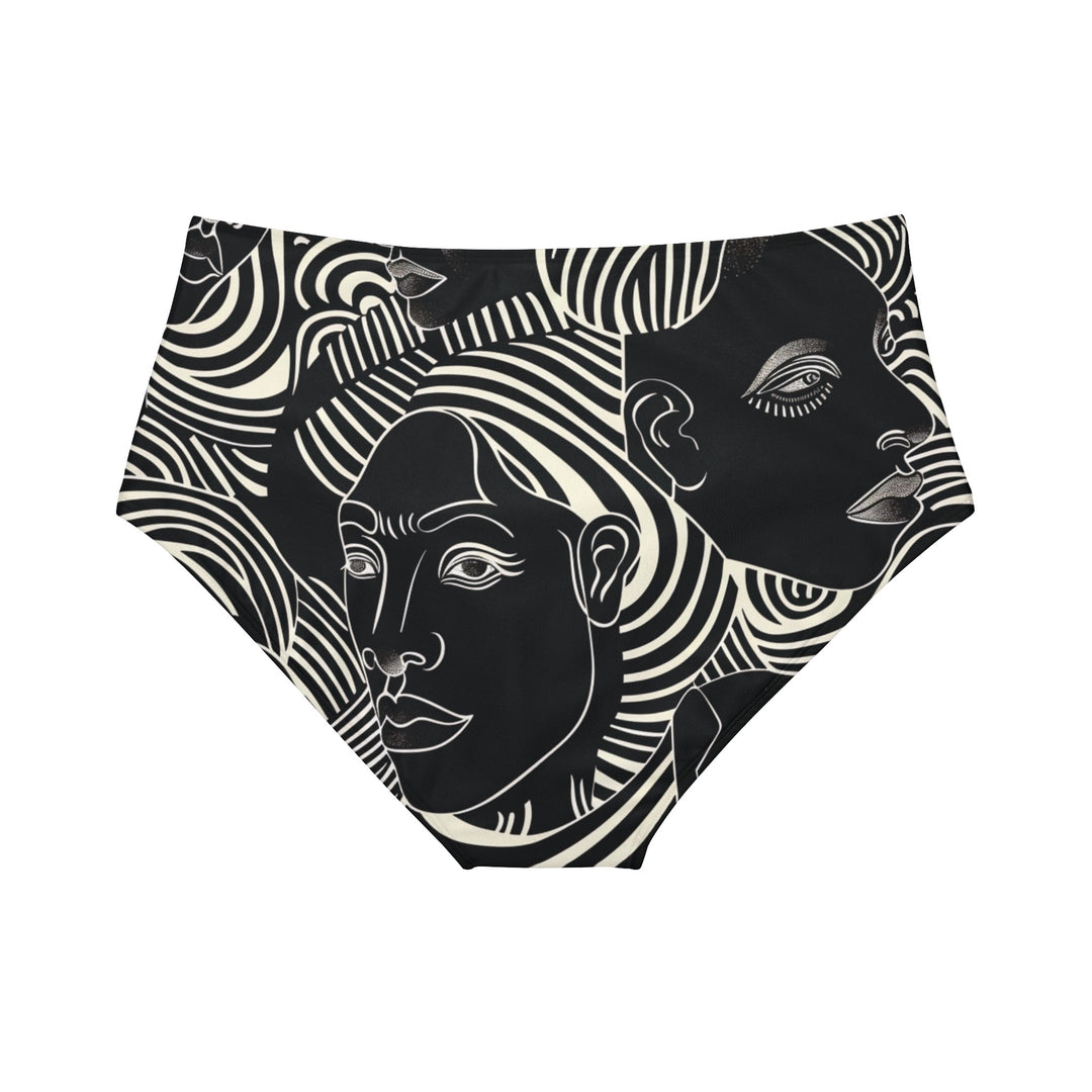 Timeless Elegance: High-Waist Black Bikini Bottom with Artistic White Face Swirls | Comfort Meets Style