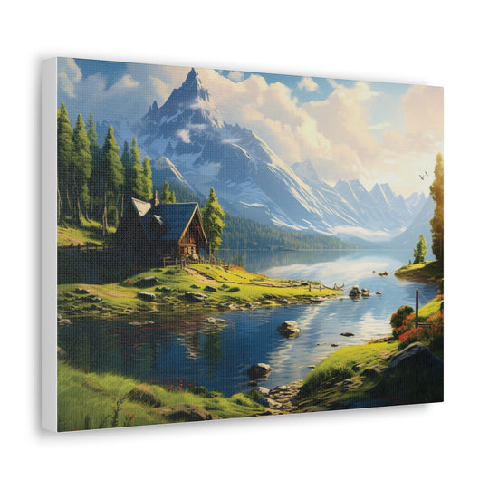 unlit Serenity: Snowy Mountain & River House Canvas Art - Nature’s Tranquil Escape