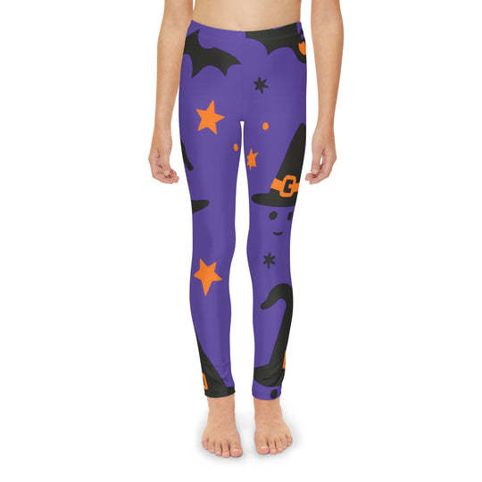 Spooky Starry Nights Youth Halloween Leggings – Bats & Orange Stars Full-Length Comfort