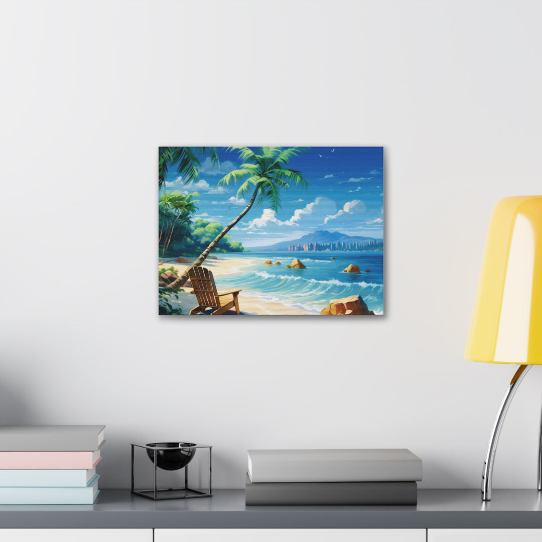 Serenity Shores: Palm Tree & Rocking Chair Canvas Art - Relaxation by the Waves