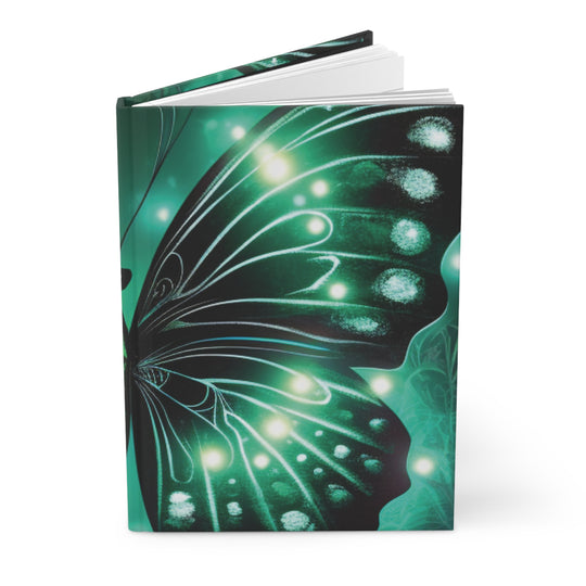 Luminous Butterfly Wing Notebook – Radiant White Lights on Verdant Green for Inspired Journaling