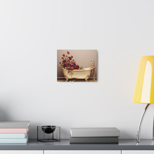 Luxury in Bloom: Golden Tub & Wildflowers Canvas Art – Elegance Meets Nature for a Serene Space