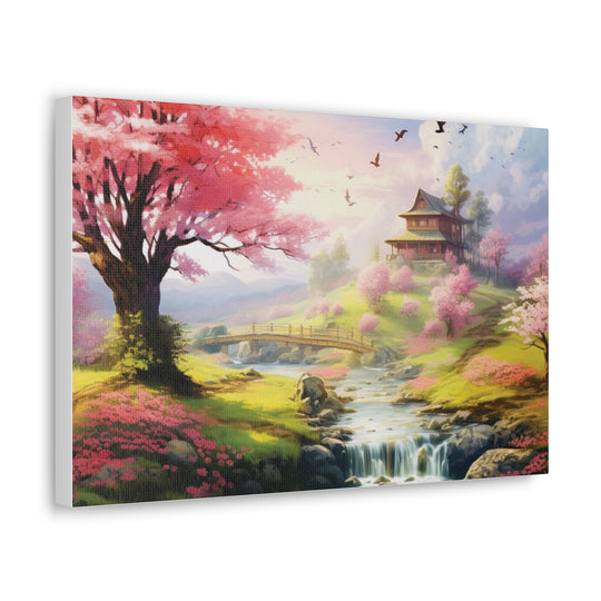 Serenity River Canvas Art – Pink Blossom Tree and Hilltop Retreat