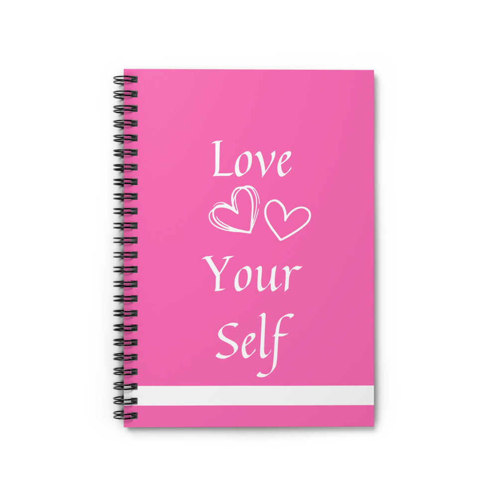 Self-Love Embrace Notebook – 'Love Yourself' Pink & White Design with Heart Accents | 118-Page Ruled Spiral Journal for Daily Inspiration