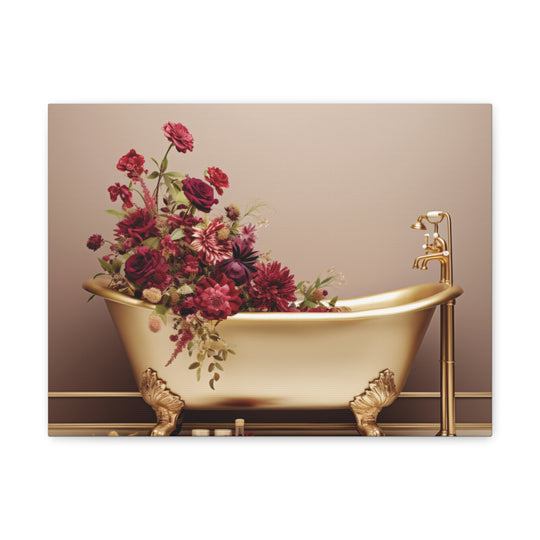 Luxury in Bloom: Golden Tub & Wildflowers Canvas Art – Elegance Meets Nature for a Serene Space