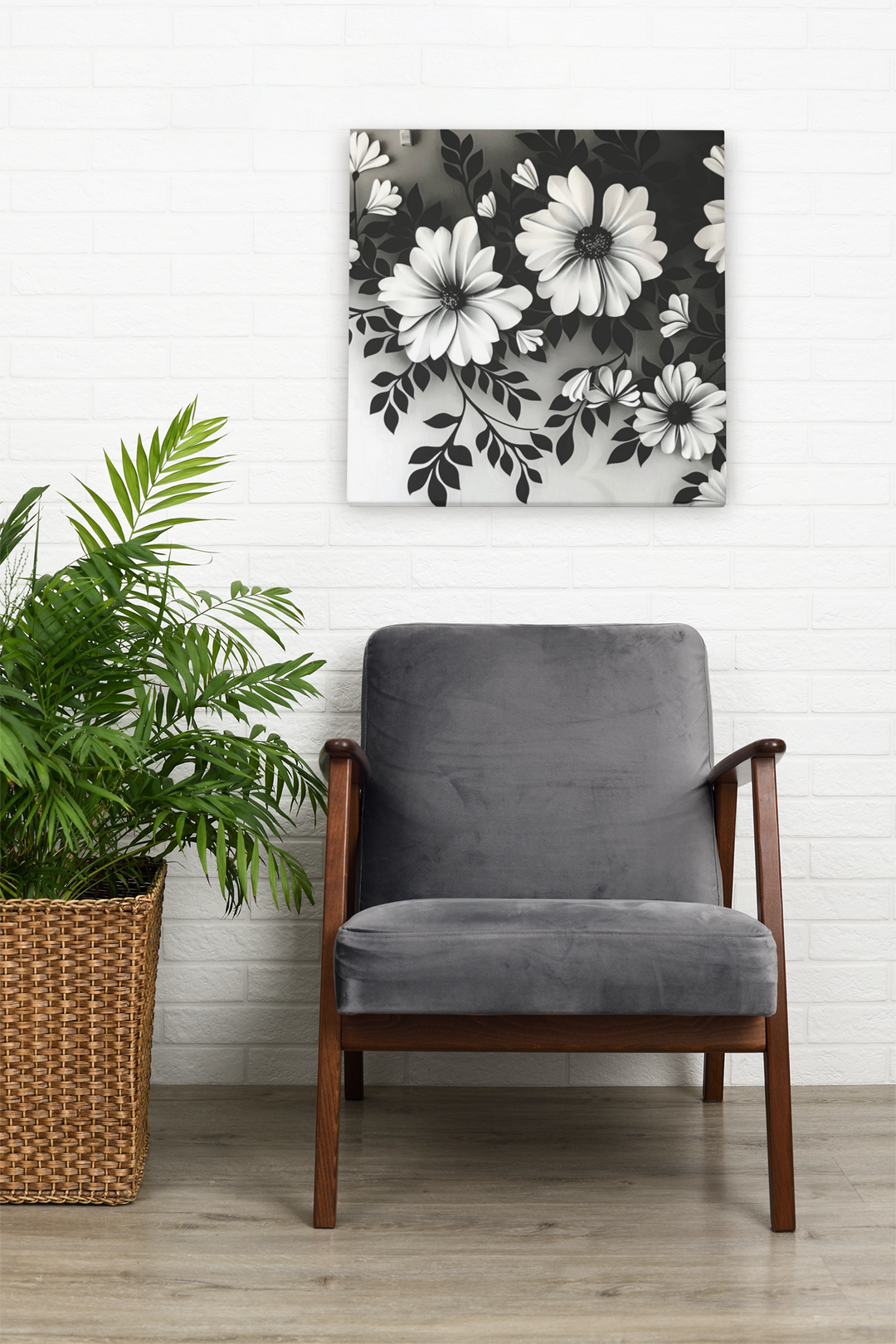 Elegant White Flower Canvas Art – Dark Light Contrast with Ombre Black Background – Modern Home Décor for Living Room & Bedroom