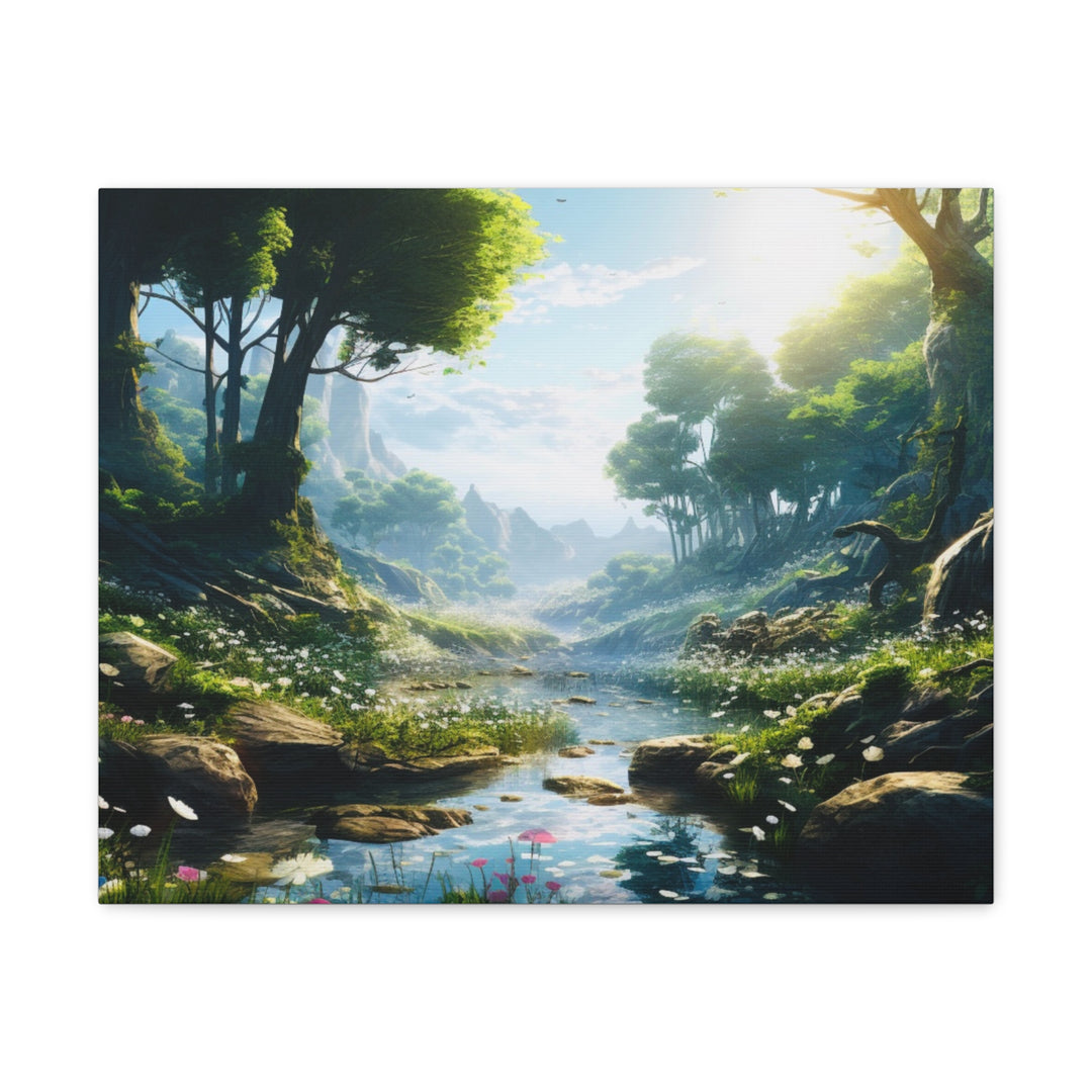 Tranquil River Escape: Stunning Green Trees & Mountain Canvas Art