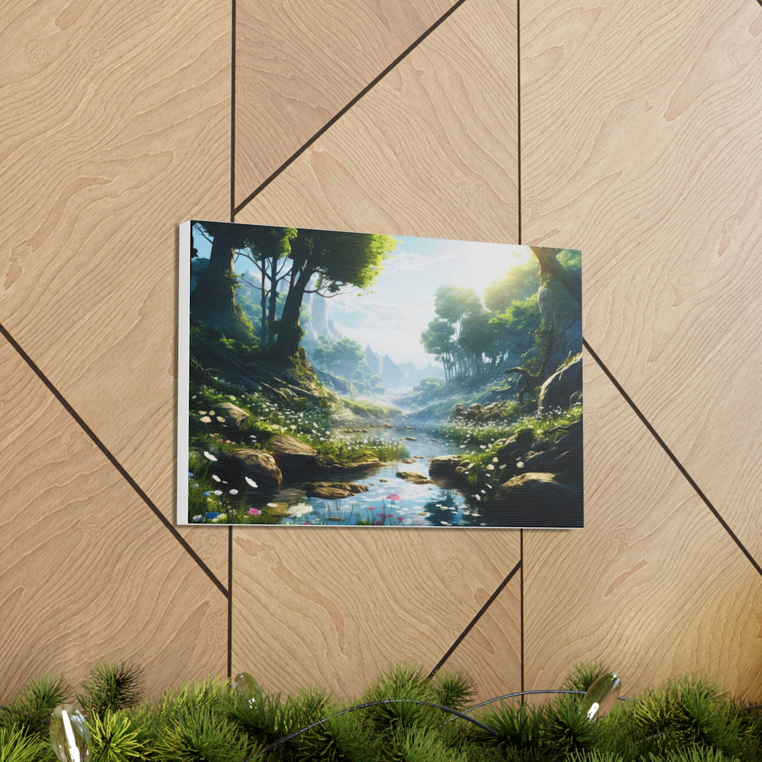 Tranquil River Escape: Stunning Green Trees & Mountain Canvas Art