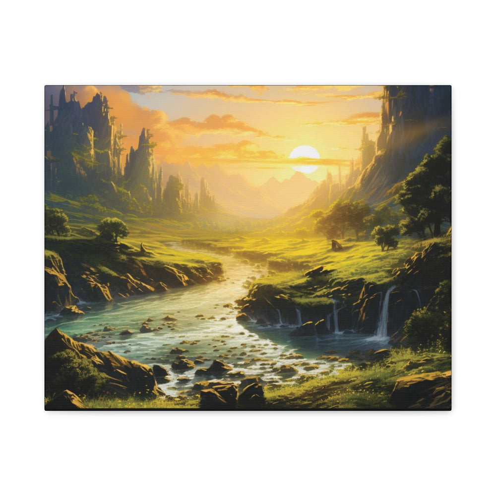 Harvest Moon Riverbank Canvas Art – Serene Sunset with Majestic Mountains & Lush Greenery