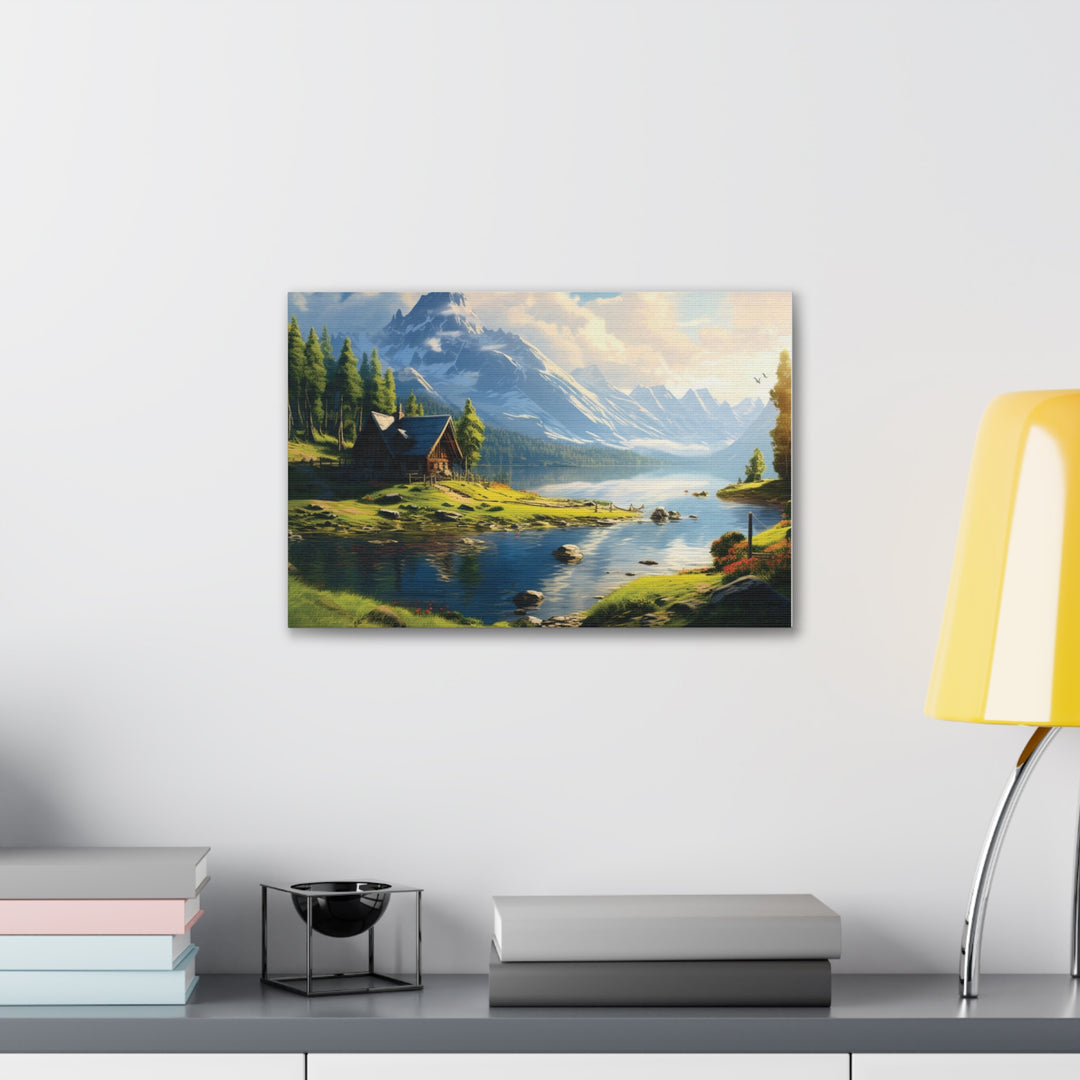 unlit Serenity: Snowy Mountain & River House Canvas Art - Nature’s Tranquil Escape