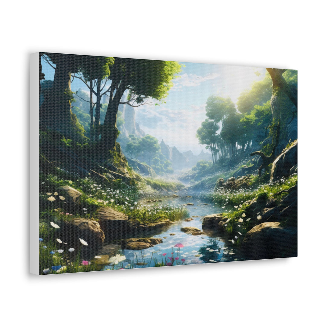 Tranquil River Escape: Stunning Green Trees & Mountain Canvas Art