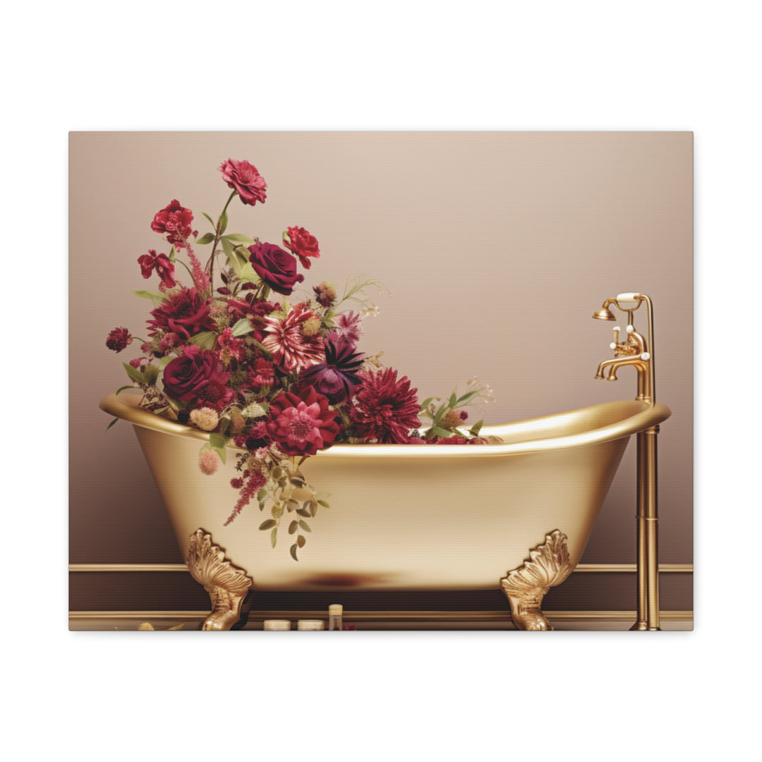 Luxury in Bloom: Golden Tub & Wildflowers Canvas Art – Elegance Meets Nature for a Serene Space