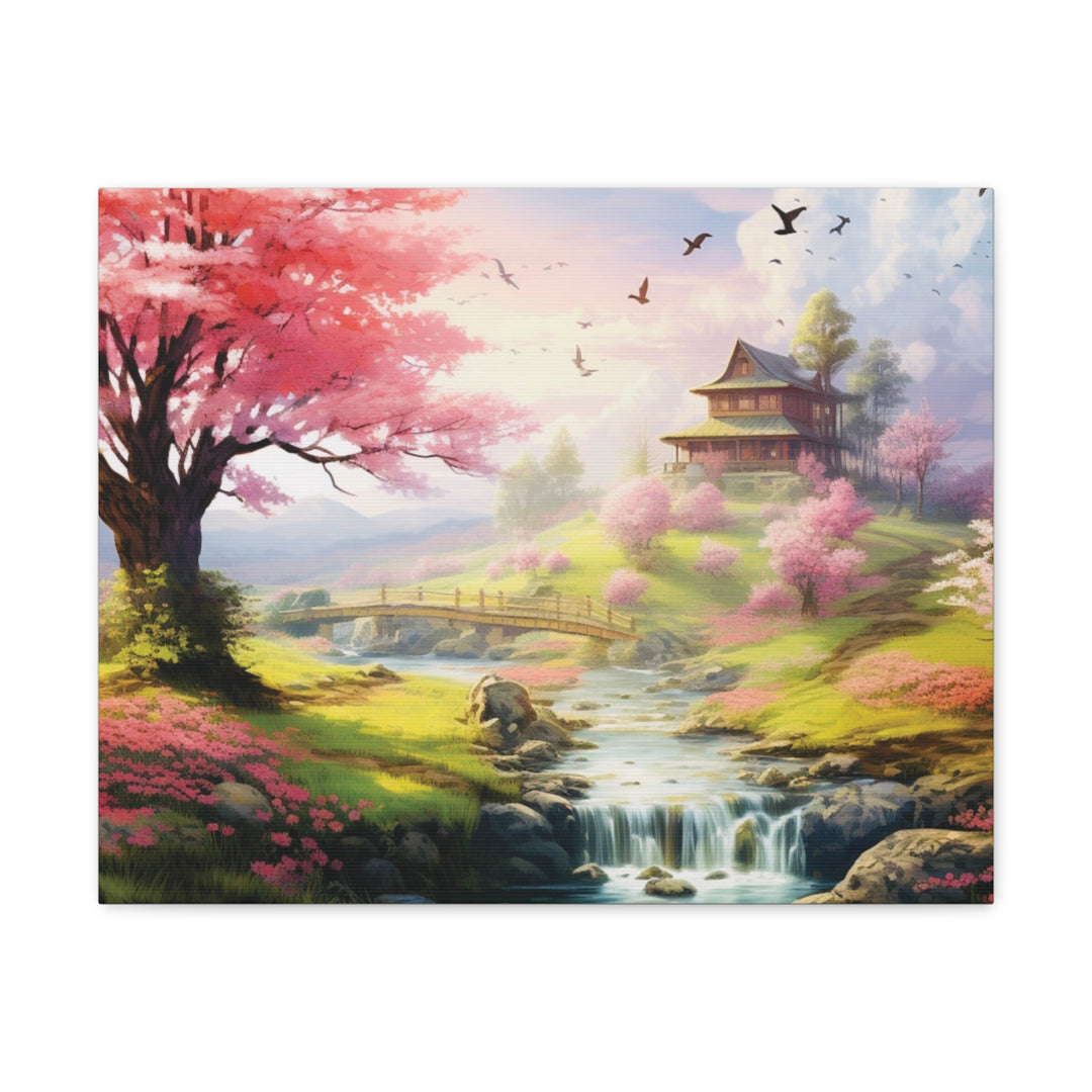 Serenity River Canvas Art – Pink Blossom Tree and Hilltop Retreat