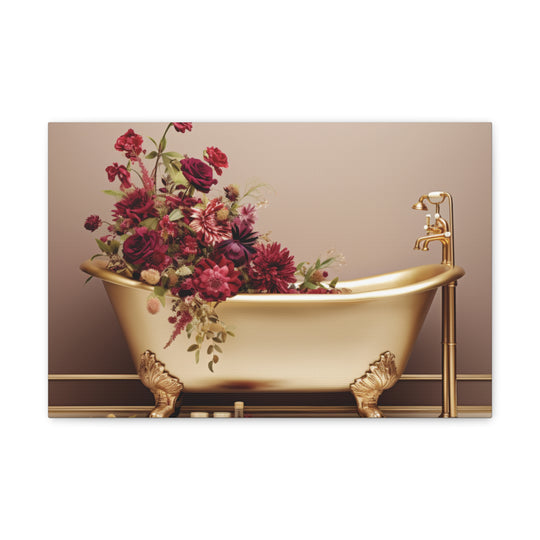 Luxury in Bloom: Golden Tub & Wildflowers Canvas Art – Elegance Meets Nature for a Serene Space