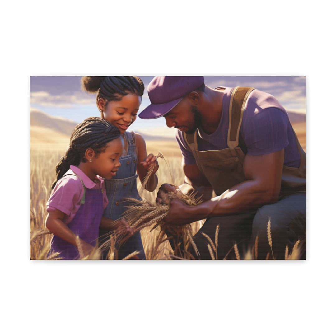 Joyful Moments: African American Father & Daughters in Wheat Field - Art Canvas