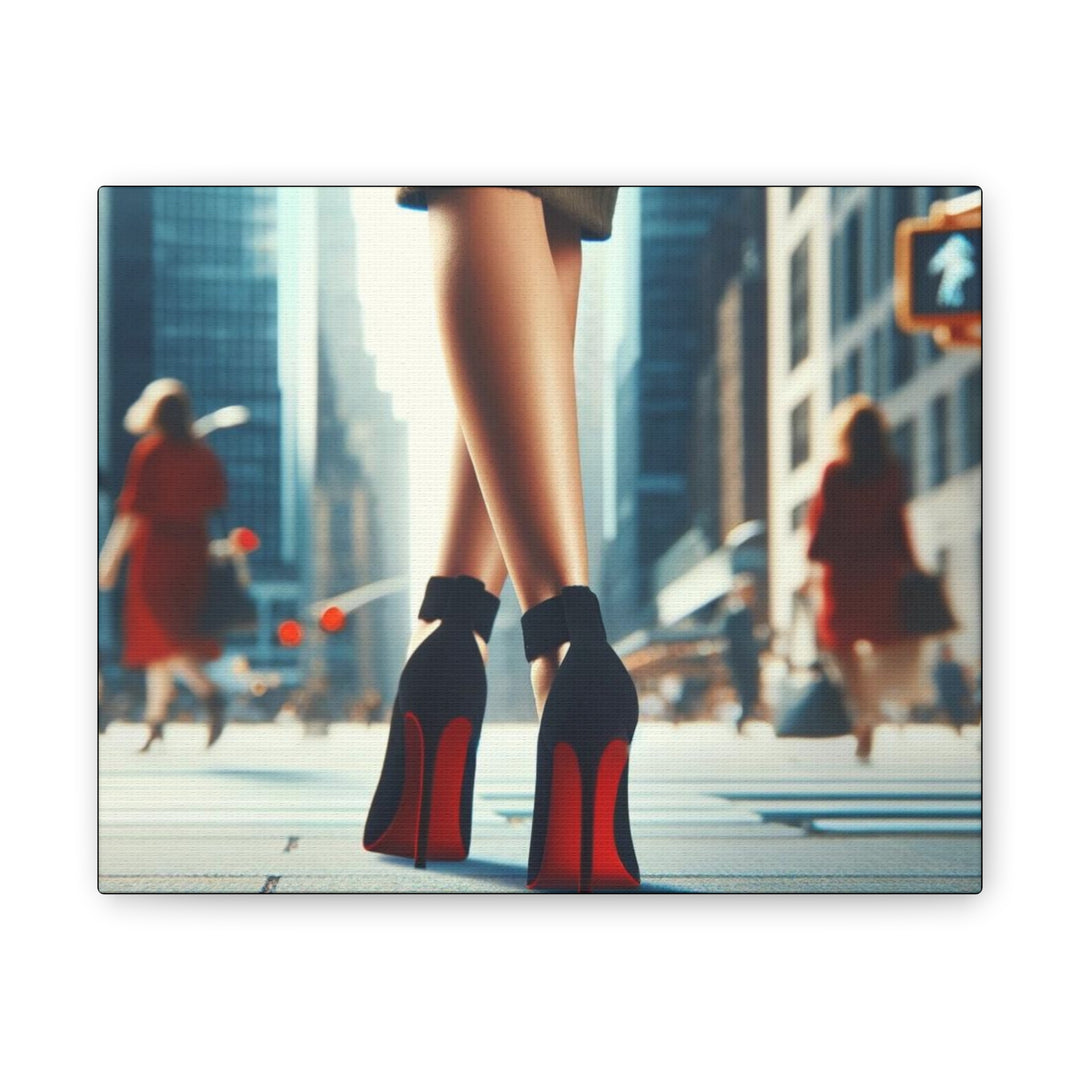 Strut in Style Canvas Art - Woman’s Leg in Red Bottom Heels with Vibrant Downtown Backdrop