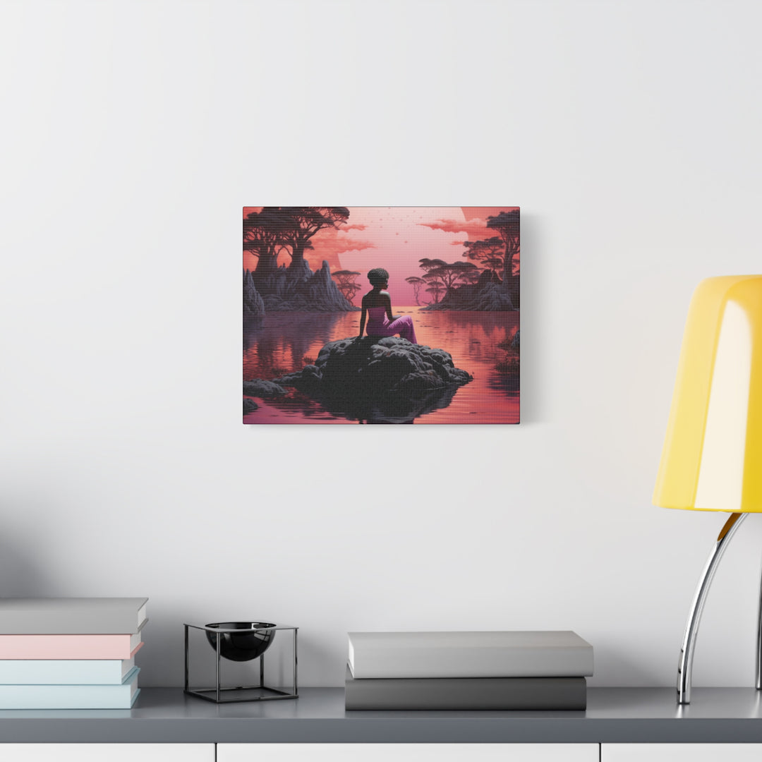 Moonlit Serenity: Captivating Woman Silhouette Canvas – Sunset Reflection Art with Pink Hues