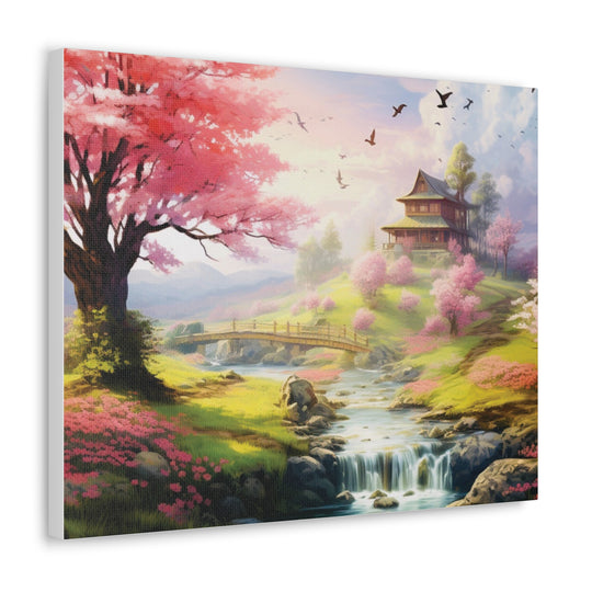 Serenity River Canvas Art – Pink Blossom Tree and Hilltop Retreat