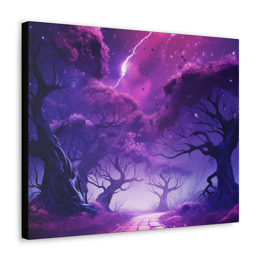 Mystic Shadows: Spooky Forest Canvas Art - Haunting Purple Glow, Perfect for Halloween Décor & Macabre Enthusiasts