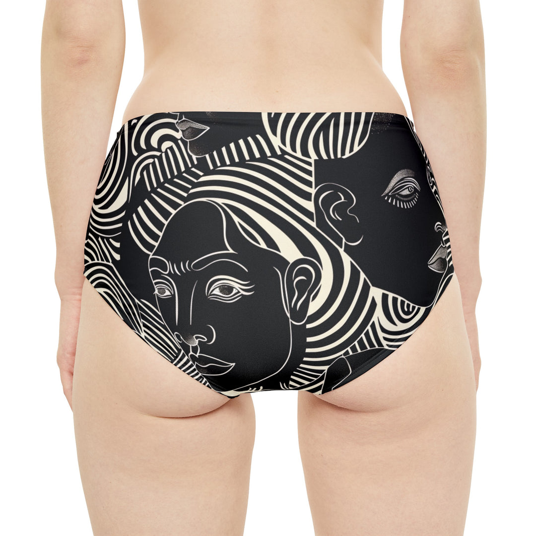 Timeless Elegance: High-Waist Black Bikini Bottom with Artistic White Face Swirls | Comfort Meets Style