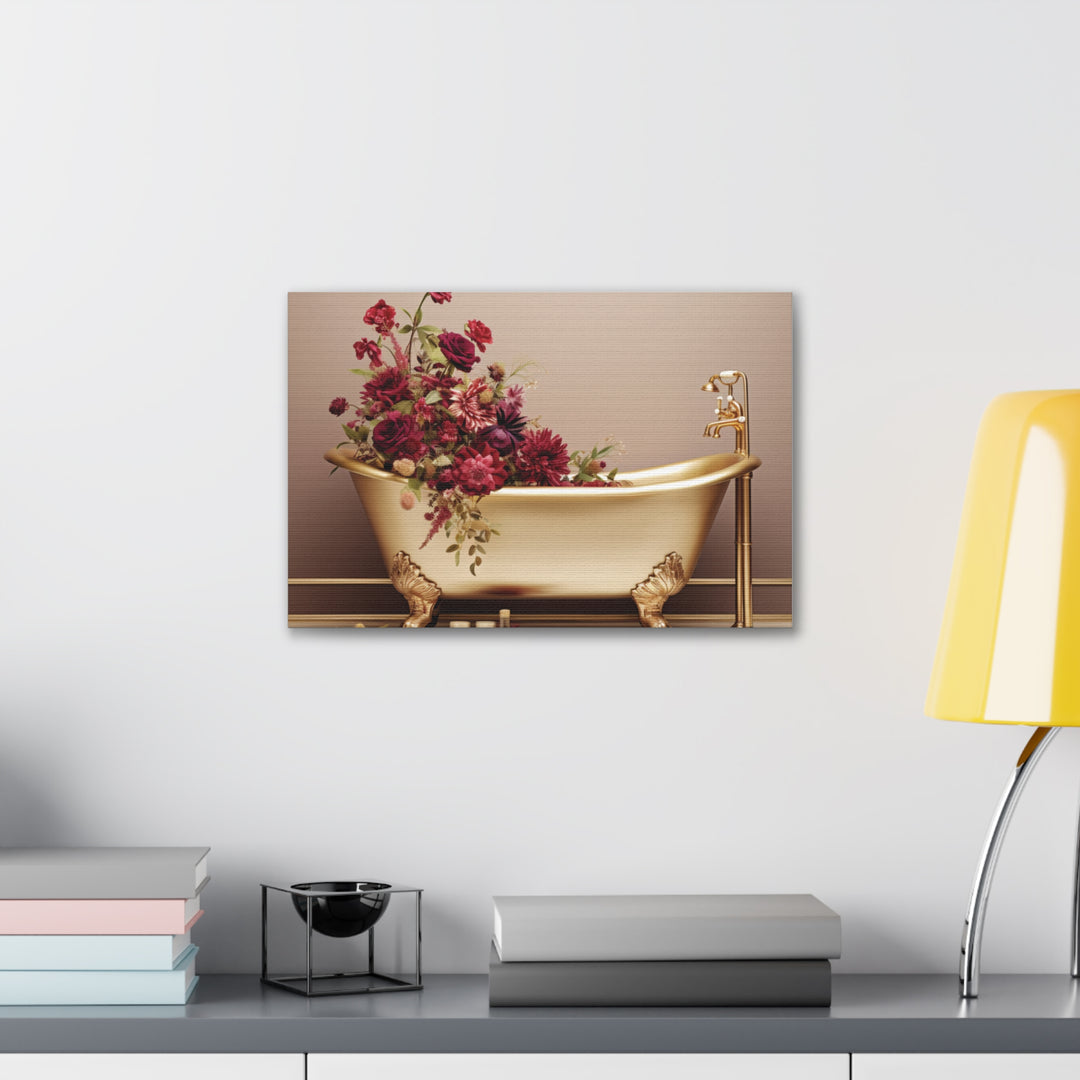 Luxury in Bloom: Golden Tub & Wildflowers Canvas Art – Elegance Meets Nature for a Serene Space