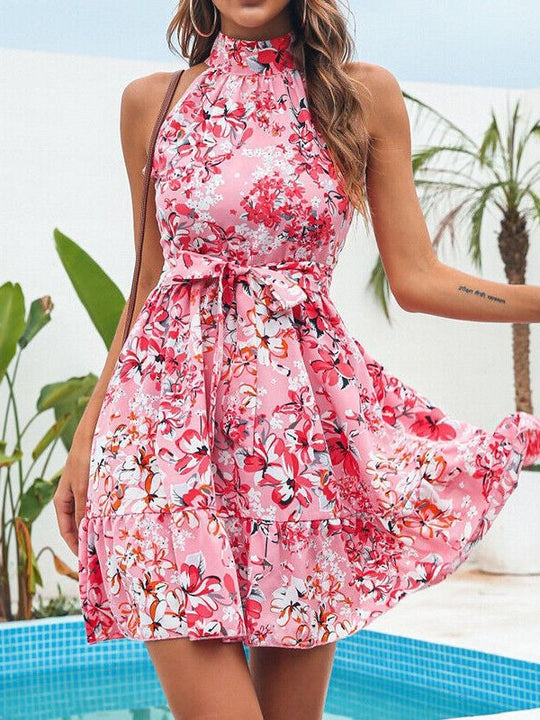 Floral Elegance: Women's Lace-Up Ruffle Edge Dress