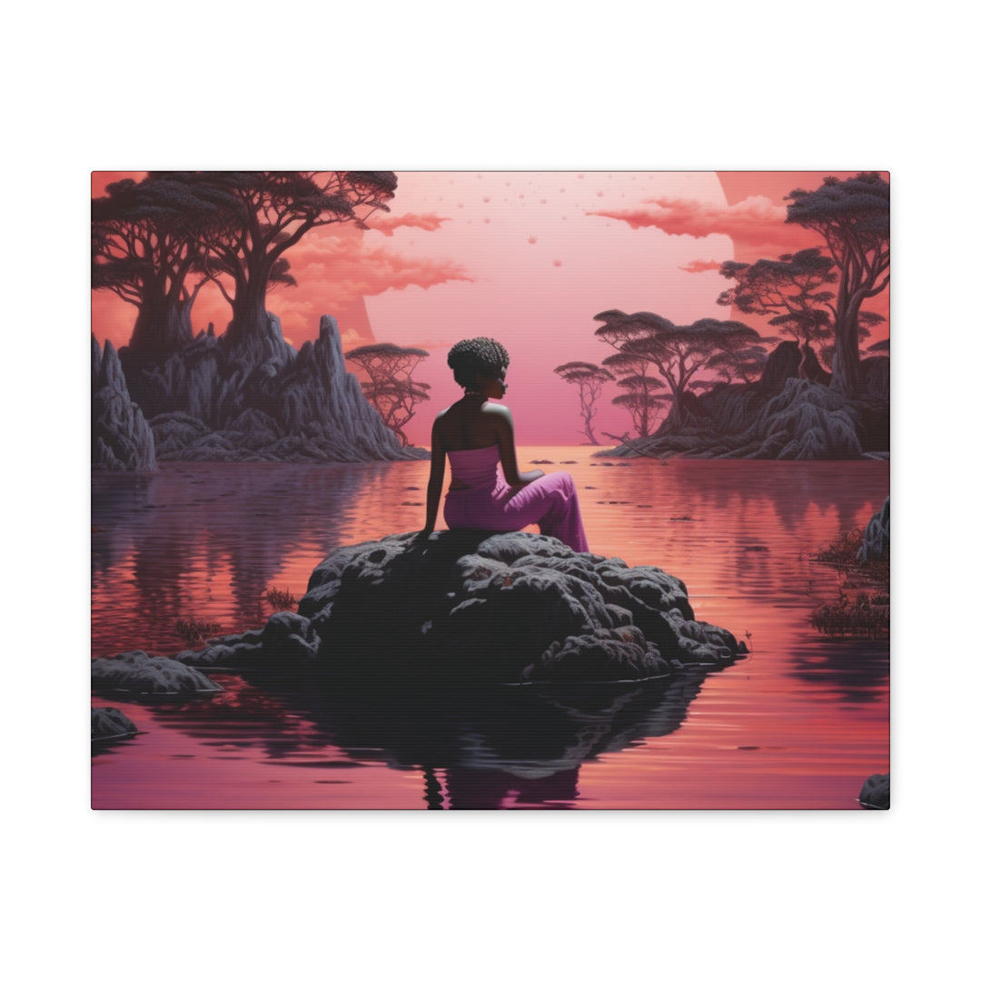 Moonlit Serenity: Captivating Woman Silhouette Canvas – Sunset Reflection Art with Pink Hues