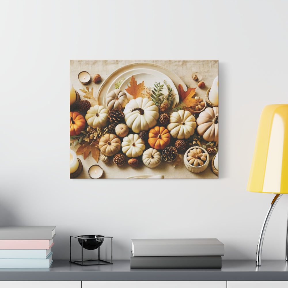 Fall Harvest Table Canvas Art – Pumpkin, Candle & Pinecone Decor for Autumn Home Accents