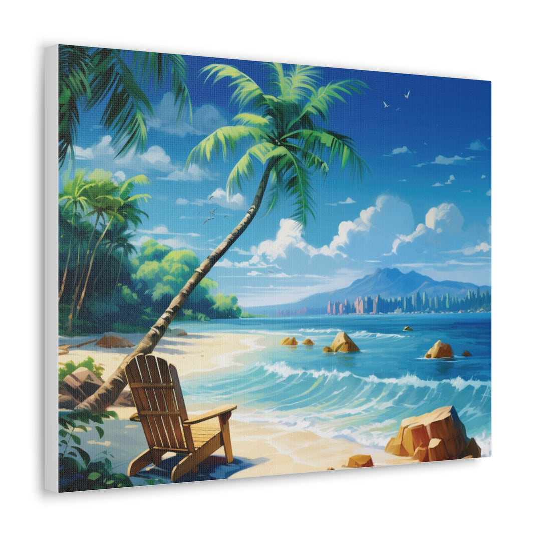 Serenity Shores: Palm Tree & Rocking Chair Canvas Art - Relaxation by the Waves