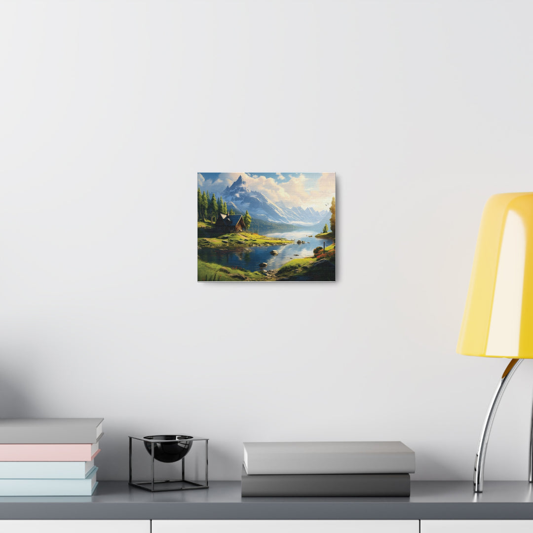 unlit Serenity: Snowy Mountain & River House Canvas Art - Nature’s Tranquil Escape