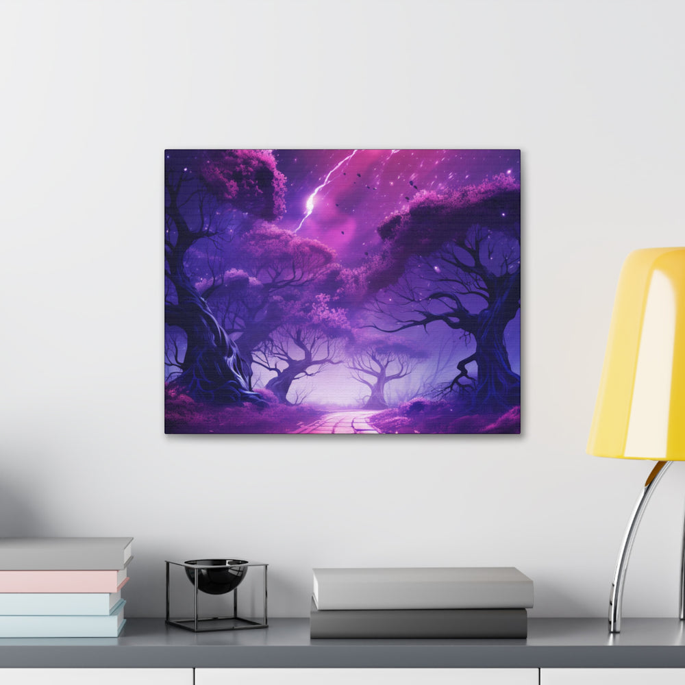 Mystic Shadows: Spooky Forest Canvas Art - Haunting Purple Glow, Perfect for Halloween Décor & Macabre Enthusiasts