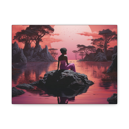 Moonlit Serenity: Captivating Woman Silhouette Canvas – Sunset Reflection Art with Pink Hues