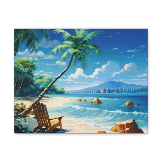 Serenity Shores: Palm Tree & Rocking Chair Canvas Art - Relaxation by the Waves