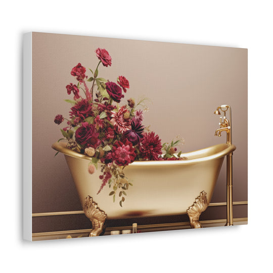 Luxury in Bloom: Golden Tub & Wildflowers Canvas Art – Elegance Meets Nature for a Serene Space