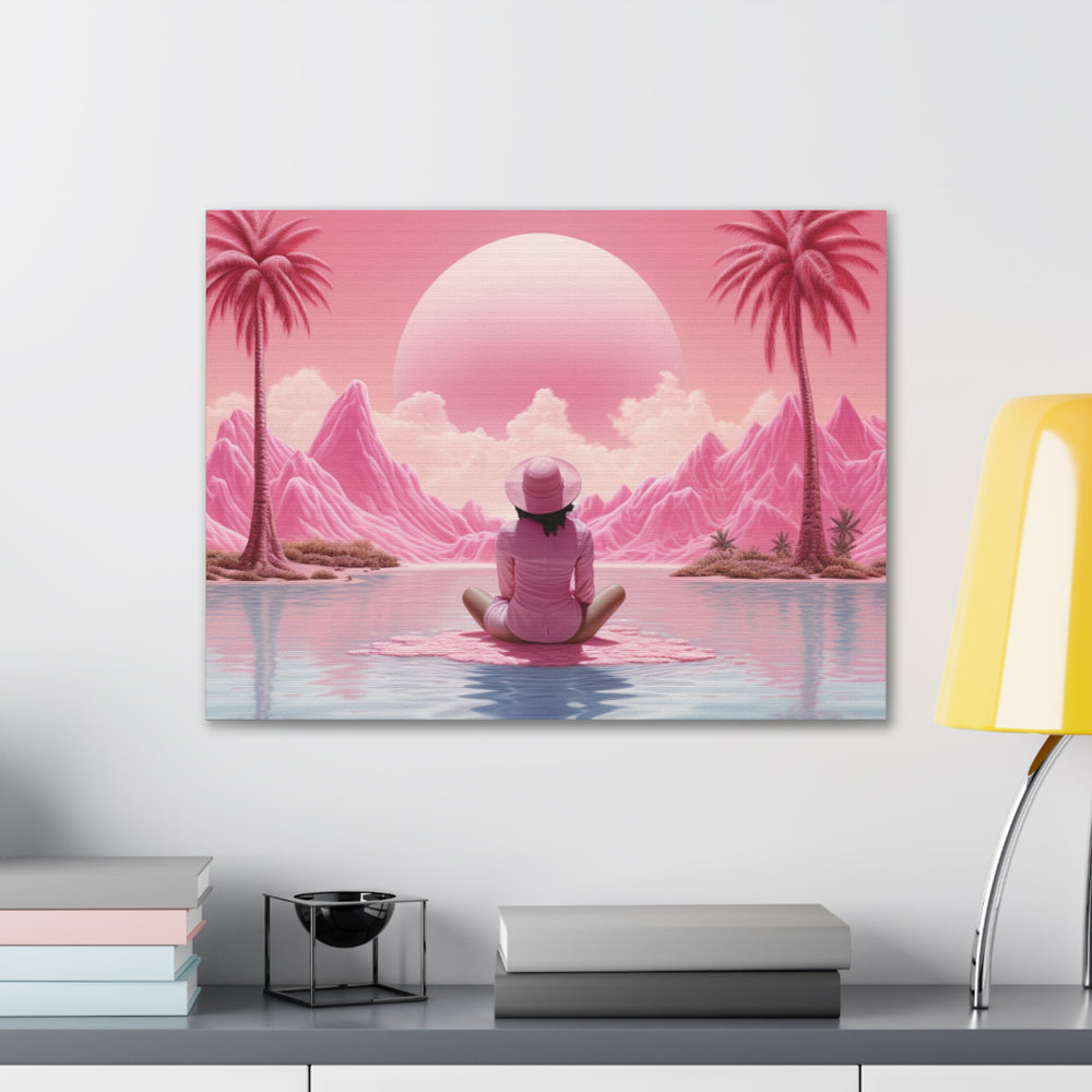 Serenity in Pink Canvas Art – Meditative Woman, Pink Sand Bar & Sunset for Tranquil Spaces