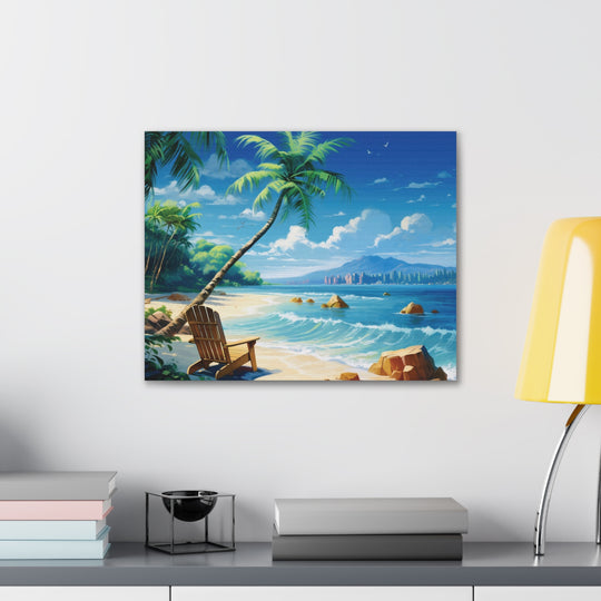 Serenity Shores: Palm Tree & Rocking Chair Canvas Art - Relaxation by the Waves