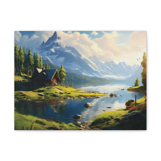 unlit Serenity: Snowy Mountain & River House Canvas Art - Nature’s Tranquil Escape